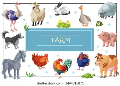 Cartoon farm animals template with horse dog ostrich goose rooster chickens hen cow pig rabbit sheep goat turkey vector illustration