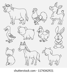 Cartoon farm animals thin lines collection isolated on white background