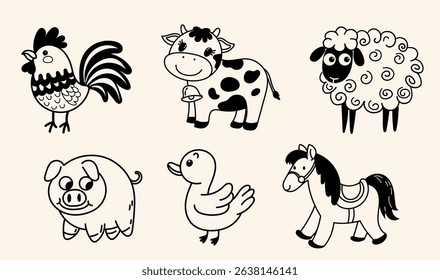 Cartoon farm animals vector set including horse, cow, pig, sheep, duck, and rooster drawn in cute black and white outline for children’s coloring books, learning materials, and nursery decor