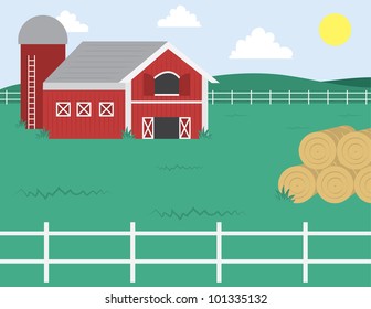 Cartoon farm with barn and white fence