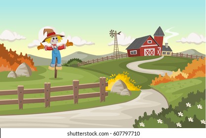 Cartoon farm with big barn and scarecrow
