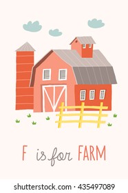 Cartoon farm building. ABC Kids Wall Art. Letter F Alphabet Flashcard. Nursery poster wall art. Playroom decor. F is for Farm. Vector eps 10 hand drawn illustration isolated on white background.