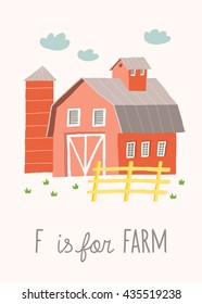 Cartoon farm building. ABC Kids Wall Art. Letter F Alphabet Flashcard. Nursery poster wall art. Playroom decor. F is for Farm. Vector eps 10 hand drawn illustration isolated on white background.