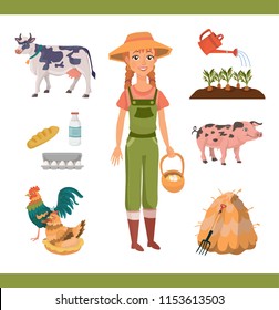 Cartoon farm clipart collection with cheerful ginger woman with braids as farm worker, farm animals (pig and cow) and birds (rooster and hen), farm tools and products. Isolated vector illustration 