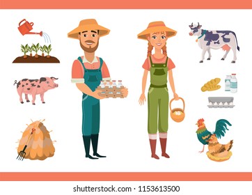 Cartoon farm clipart collection with farm workers (man and woman), farm animals (pig and cow) and birds (rooster and hen), farm tools and products. Isolated vector illustration for your project