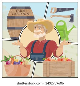 Cartoon farm colorful composition with ax saw watering can wooden barrel farmer crate of apples and basket of vegetables vector illustration