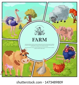 Cartoon farm colorful composition with ostrich sheep pig cow goose chicken turkey on nature landscape vector illustration