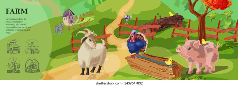Cartoon farm colorful template with cute animals on countryside landscape and farming monochrome style emblems vector illustration