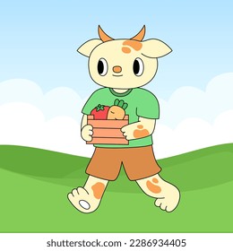 Cartoon farm cow character wearing clothes