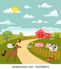 cartoon farm with cute animals. vector illustration