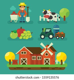 Cartoon farm design with farmer and equipment design. Organic farm element vector illustration 
