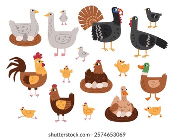 Cartoon farm domestic birds. Poultry farming, funny goose, turkey, duck, hen, cock and chickens, eggs in nests, village life, vector set