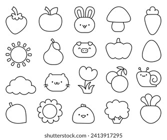 Cartoon farm elements and characters. Coloring Page. Hand drawn style. Vector drawing. Collection of design elements.