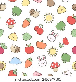 Cartoon farm elements and characters. Seamless pattern. Hand drawn style. Vector drawing. Design ornaments.
