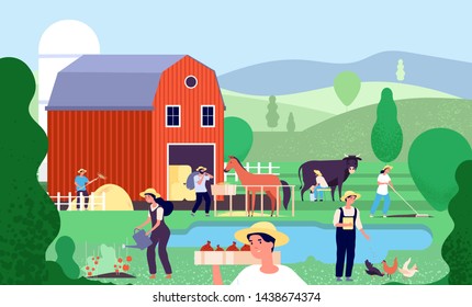 Granja de caricaturas con agricultores. Los trabajadores agrícolas trabajan con animales de granja y equipo en la agricultura rural ilustración vectorial paisaje con estanque y granero