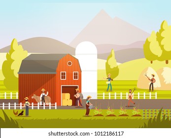 Cartoon farm with farmers, farm animals and equipment vector illustration. Farm agriculture and farmer, rural farming and landscape