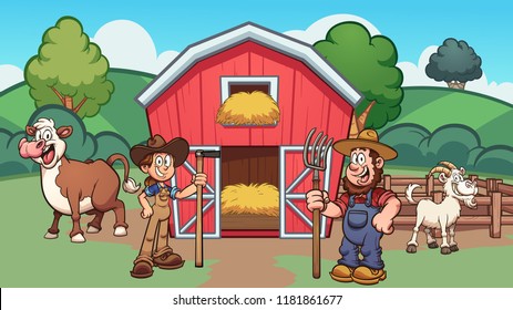 Cartoon farm with farmers, cow and goat. Vector clip art illustration with simple gradients. Some elements on separate layers. 
