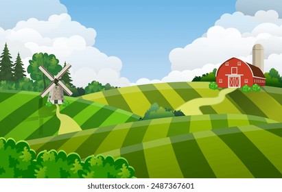 Cartoon farm field green seeding field, red barn on a green farmers field, large field farming striped, Farm flat landscape. Organic food concept for any design