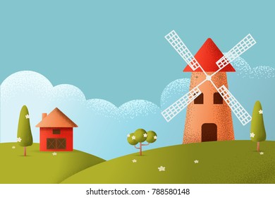Cartoon farm field green seeding field, red barn on a green farmers field, large field farming striped, Farm flat landscape. Vector texture style concept illustration.