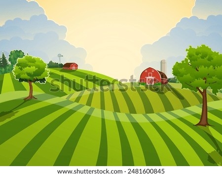 Cartoon farm field green seeding field, red barn on a green farmers field, large field farming striped, Farm flat landscape. Organic food concept for any design