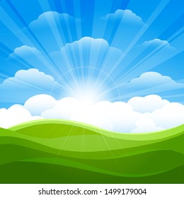 Cartoon farm fields background. Cartoon blue sky and green land view with sunlight, countryside panorama, vector bright nature outdoor scenery beautiful landscape
