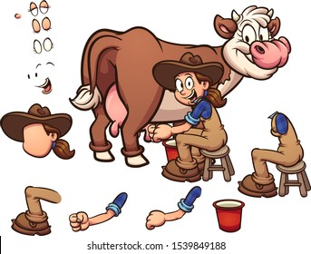 Cartoon farm girl milking a cow clip art. Vector illustration with simple gradients. Some elements on separate layers. 
