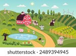 Cartoon farm landscape with barn and animals. Summer vector rural background. Cute vector landscape.
