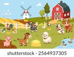 Cartoon farm landscape with barn and animals. Farm yard, rural landscape. Breeding domestic animals on farms, animal husbandry in agriculture. Cow bull pig sheep horse goose duck hen rooster goat.