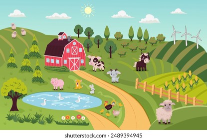 Cartoon farm landscape with barn and animals. Summer vector rural background. Cute vector landscape.