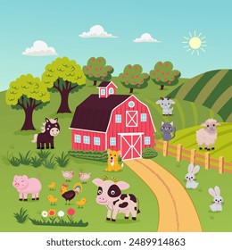Cartoon farm landscape with barn and animals. Summer vector rural background. Cute vector landscape.