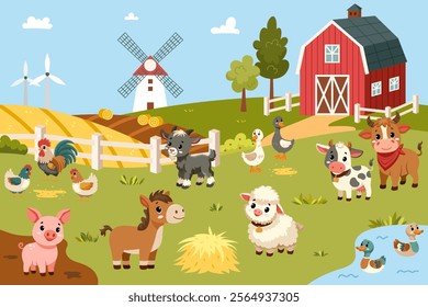 Cartoon farm landscape with barn and animals. Farm yard, rural landscape. Breeding domestic animals on farms, animal husbandry in agriculture. Cow bull pig sheep horse goose duck hen rooster goat.