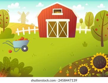 Cartoon farm landscape with barn. Summer vector rural background. Cute vector landscape.