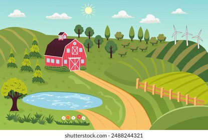 Cartoon farm landscape with barn. Summer vector rural background. Cute vector landscape.