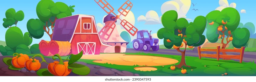 Cartoon Landschaft mit Scheune, Windmühle und Traktor auf dem Feld. Vektorgrafik der ländlichen Landschaft mit Haus und Ausstattung in Ranch, Ernte von reifen Kürbissen und Äpfeln.