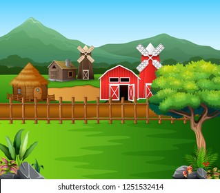 Cartoon of farm landscape with the beautiful nature