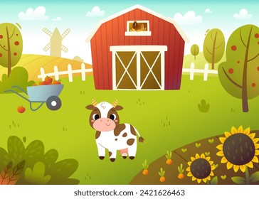 Cartoon farm landscape with cute cow. Summer vector rural background with barn and mill.