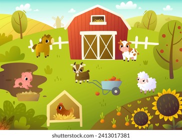 Cartoon farm landscape with cute domestic animals. Summer vector rural background with farm animals.