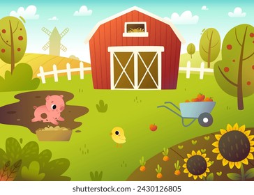 Cartoon farm landscape with cute pig. Summer vector rural background with barn and domestic animals.