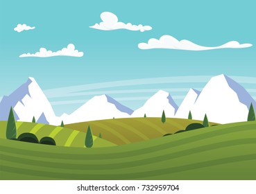 Cartoon farm landscape with green fields with alps on the background. Organic food concept for any design