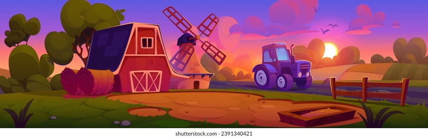 Cartoon farm landscape on sunset or sunrise with barn, wind mill and tractor standing on field. Vector illustration of rural agriculture house and equipment in ranch scenery under pink gradient sky.