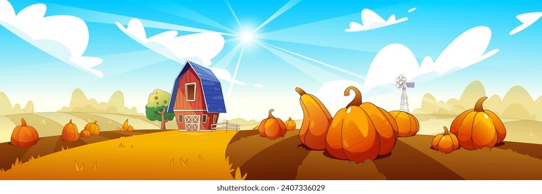 Cartoon farm landscape with red wooden barn and pumpkin harvest on field with orange grass and soil under blue sky with bright sun and cloud. Vector rural agriculture scenery with house and vegetables