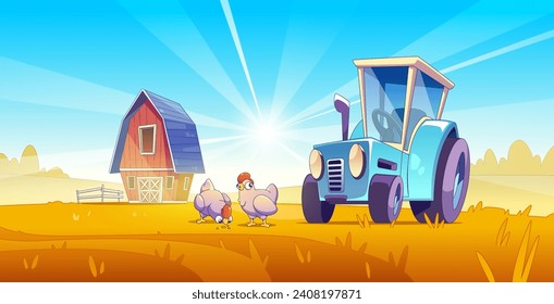 Paisaje de granja de caricaturas con granero de madera rojo, tractor azul y pollos en el campo con hierba naranja bajo el cielo azul con sol brillante. Vectores de agricultura rural con casa y equipo en rancho.