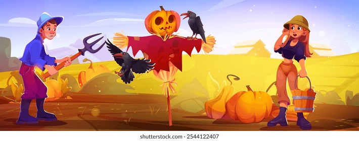 Cartoon farm landscape with scarecrow with jack o lantern head guarding pumpkin field. Farmer man with pitchfork drive away black crows while woman carries harvest bucket. Autumn rural scene at sunset