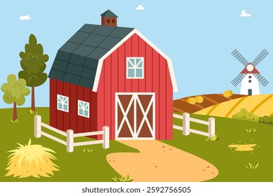 Cartoon farm landscape with yard and barn. Farm yard, rural landscape. Breeding domestic animals on farms, animal husbandry in agriculture.