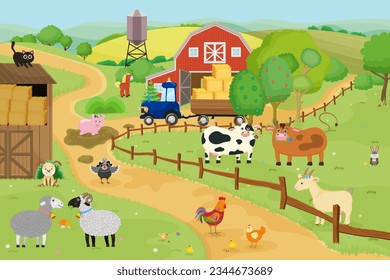 Cartoon farm, rural landscape, animal, livestock, nature countryside, barn, tractor, hay stock. Cow, sheep, goat, pig, chicken, horse, cat, agriculture, field, meadow. Country. Vector illustration.