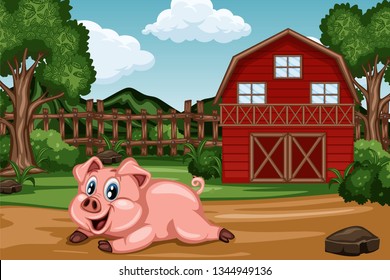 Cartoon Farm Scene With A Barn And Farm Animals. Funny Vector  Illustration With Happy Pig Laying In Front Of Fence And Shed