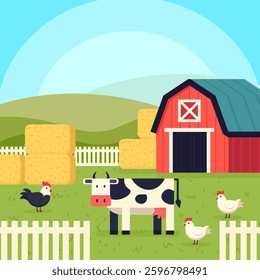 Cartoon Farm Scene with Barn, Cow, and Chickens. For children s books, agriculture themes, and rural life designs.