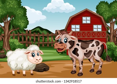 Cartoon Farm Scene with a Barn and Different Farm Animals. Funny Vector  Illustration with Sheep and Cow Standing in front of Fence and Shed