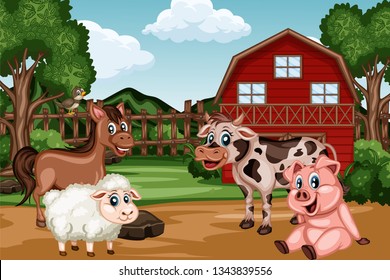 Cartoon Farm Scene with a Barn and Different Farm Animals. Funny Vector  Illustration with Horse, Nightingale, Sheep, Cow and Pig Standing in front of Fence and Shed