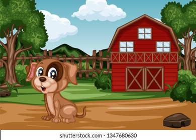 Cartoon Farm Scene with a Barn and Different Farm Animals. Funny Vector  Illustration with Happy Dog Standing in front of Fence and Shed